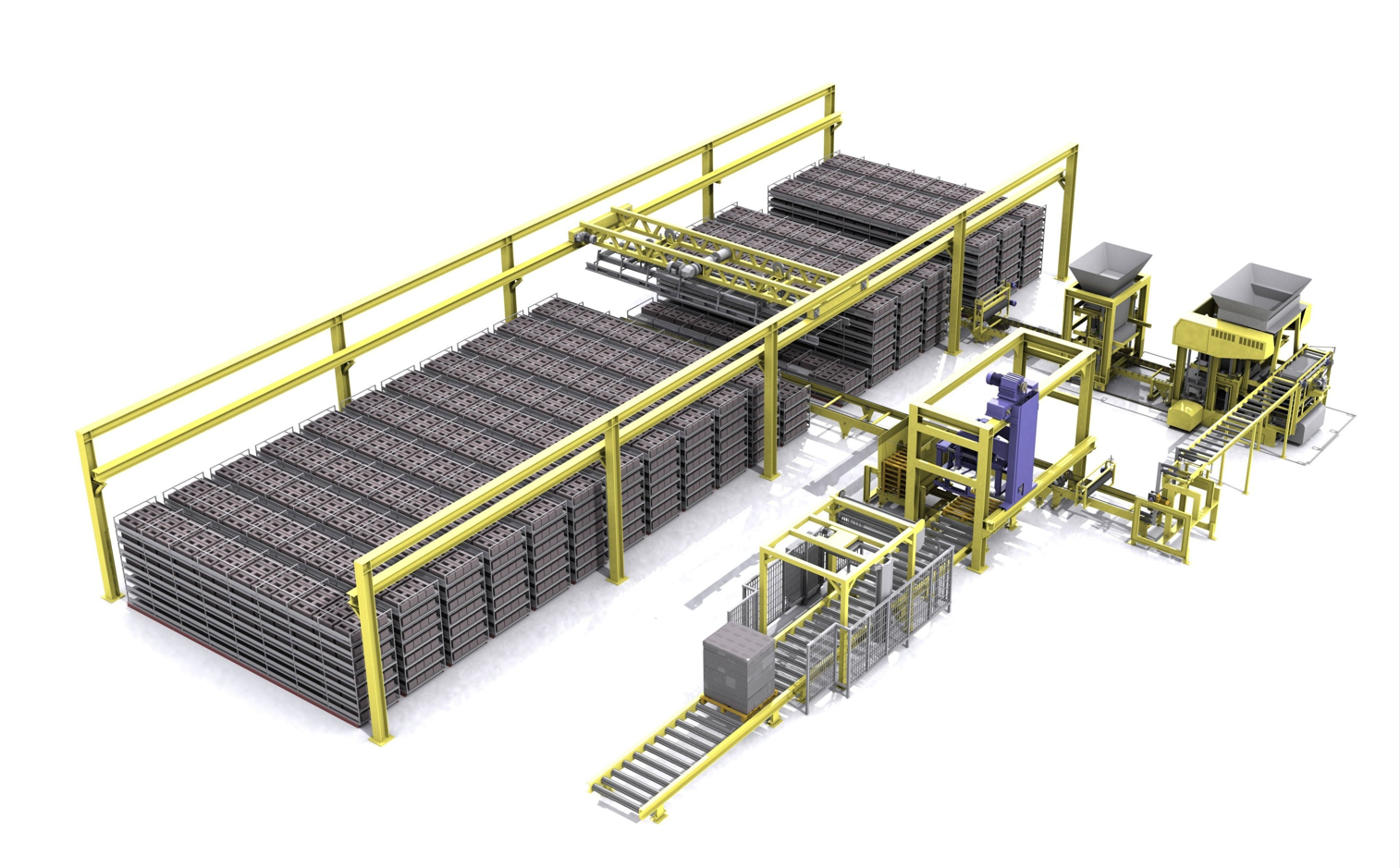 Concrete block production line. Fully automatic concrete block handling line and block machine for making concrete blocks, bricks and paver stones. MEC CRANE. Mecmetal Ltd